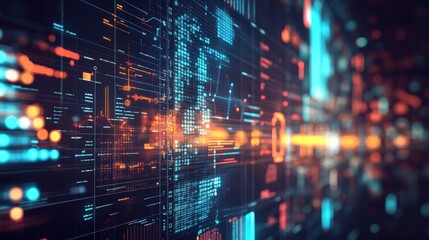 Abstract digital display with glowing code and data streams.