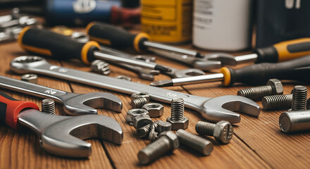 Fototapeta premium Assorted wrenches, bolts, and nuts scattered on a wooden workbench, surrounded by blurred containers of automotive fluids.