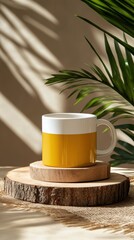 Mug mockup, with a wooden slice base with a green plant in the back of the scene