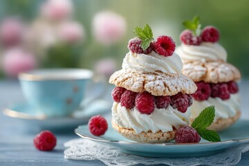 Elegant high tea setup with mini artisanal ice cream served in vintage porcelain cups