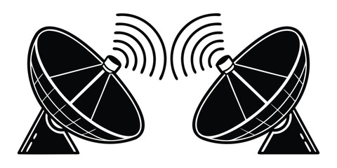 Two satellite dishes communicating with each other through radio waves in black and white style