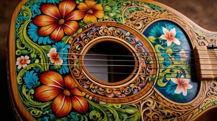 A beautifully crafted acoustic guitar featuring vibrant floral designs and intricate woodwork, showcasing artistic craftsmanship.