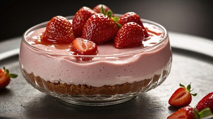 Delicious strawberry cheesecake in a glass dish, topped with fresh strawberries and a glistening strawberry glaze.