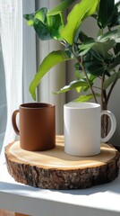 Mug mockup, with a wooden slice base with a green plant in the back of the scene