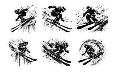 Ski Silhouette Grunge Splatter and Dripping Spray Effects