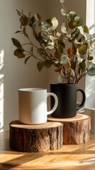 Mug mockup, with a wooden slice base with a green plant in the back of the scene
