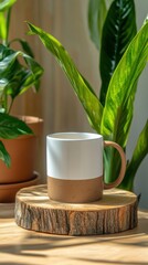 Mug mockup, with a wooden slice base with a green plant in the back of the scene