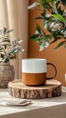 Mug mockup, with a wooden slice base with a green plant in the back of the scene
