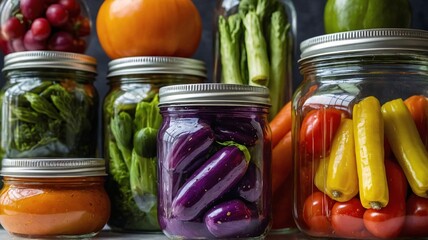 Colorful assortment of preserved vegetables in jars, showcasing vibrant purple, yellow, and red...
