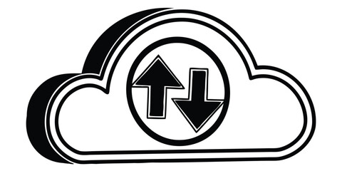 Cloud icon with upload and download arrows inside a circle in black and white design style image