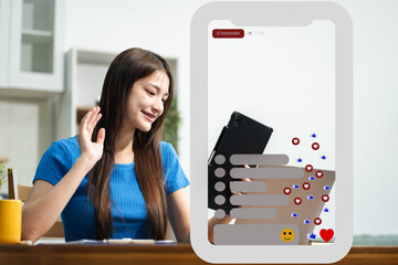 Happy woman having fun doing video call using laptop.