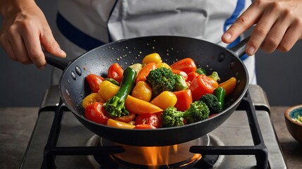 Close-up of hands skillfully tossing vibrant vegetables in a hot pan, creating a delicious stir-fry.