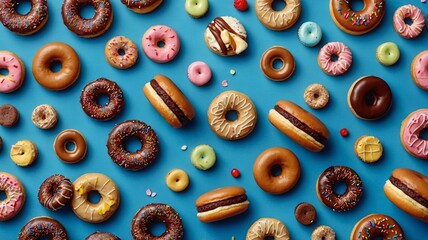 A colorful assortment of donuts on a bright blue background, featuring various glazes and toppings.