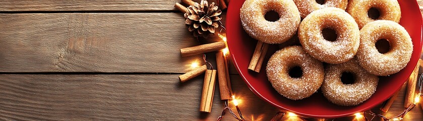 Sugar coated donuts with cinnamon and lights on wooden background