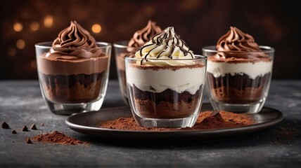 Delicious layered chocolate desserts in glass cups with whipped cream on top, creating an elegant and indulgent presentation.