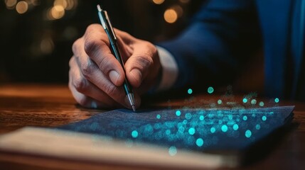 Corporate executive annotating business document with digital overlay in modern office setting.