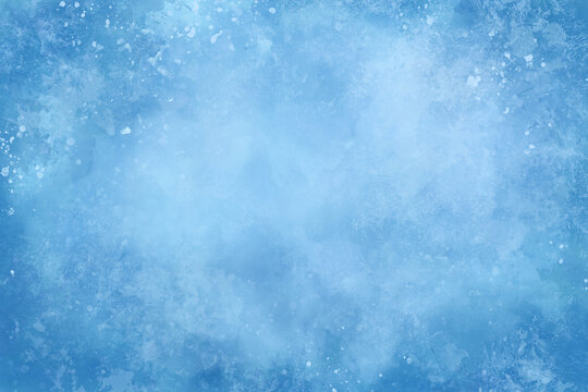 Watercolor winter blue background, hand painted texture. Abstract aquarelle light blue backdrop with stains and paint drops. Watercolor frosty background for banner, ads, website, presentations