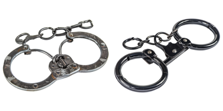 sets of metal handcuffs shown with transparent background
