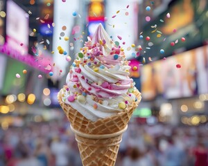 Giant neon-lit ice cream sculpture in the middle of Times Square
