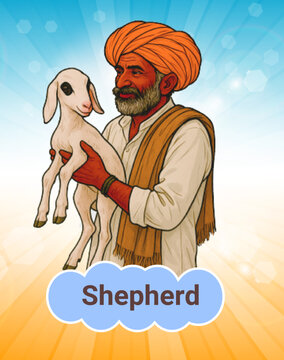 Indian Shepherd Holding Lamb &ndash; Rural Village Illustration.