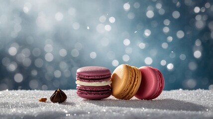 Three colorful macarons in a snowy setting, featuring lavender, peach, and cream hues with soft...