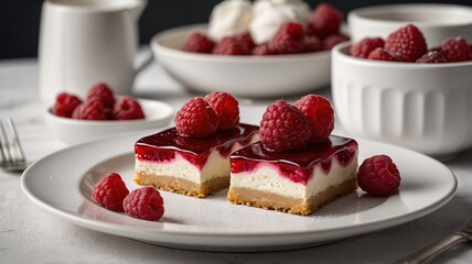 Delicious raspberry cheesecake slices, elegantly plated with fresh raspberries, creating a sweet and inviting dessert display.