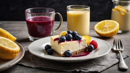 Delicious cheesecake topped with fresh blueberries and served with fruity drinks on a rustic table.