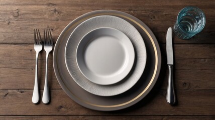 Elegant table setting featuring layered plates and cutlery on a rustic wooden table.