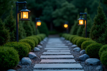 Narrow garden path lined with light gray stepping stones and glowing lanterns flanked by trimmed green hedges