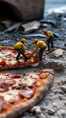 Big pizza with mini workers on it.

