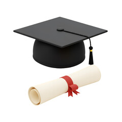 3D Black Graduation Cap with Diploma on Isolated Transparent Background