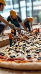 Big pizza with mini workers on it.

