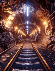 Obraz premium Exploring a dimly lit underground tunnel with metal tracks and glowing lights