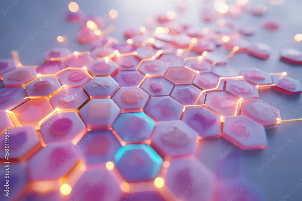 Fototapete Abstract rendering of interconnected hexagons with a pink and blue color palette and glowing edges