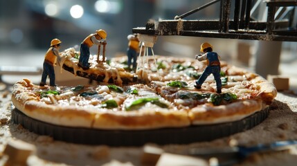 Big pizza with mini workers on it.

