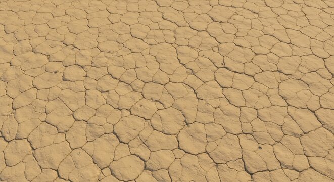 Arid desert floor with extensive network of hexagonal cracks in dried light brown mud
