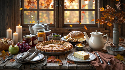 Fototapeta premium Autumn farmhouse breakfast by the window with candles, pie and rustic bread