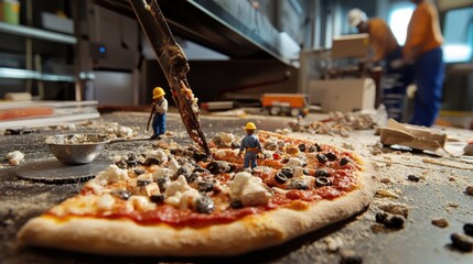 Big pizza with mini workers on it.


