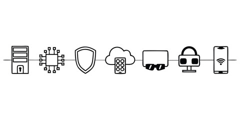 Network security and connectivity icons showing server chip shield cloud monitor and smartphone design