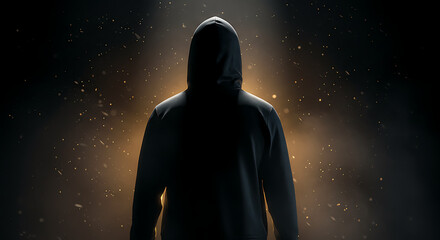 Silhouette of a hooded figure illuminated by a spotlight, emphasizing mystery and anonymity.