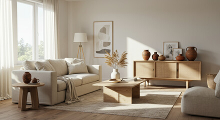 Serene and inviting living room with earthy tones and natural light