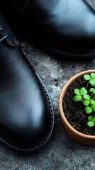 Black leather shoes next to a pot of soil with green sprouts. Top view. 