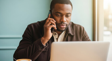 Focused young man multitasking while working from cafe using laptop and smartphone, enjoying coffee during remote business conversation, professional productivity in modern workspace
