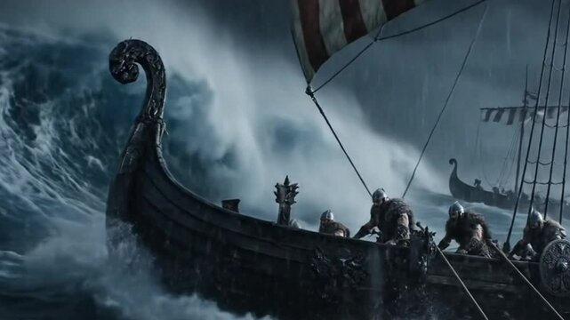 An epic cinematic shot of a fleet of Viking longships sailing through a dramatic, stormy sea, symbolizing courage, adventure, and resilience.
