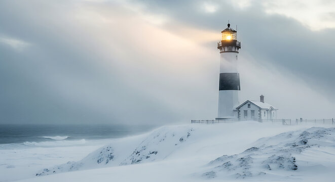 A weathered lighthouse on a snowy coastal hill, bathed in a beam of light, amidst a stormy sky.