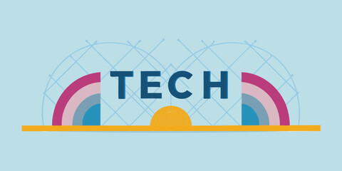 Tech logo with rainbow arches and a grid pattern on a light blue background design element vector