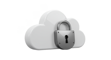 3D Cloud Security with Silver Padlock on Transparent Background