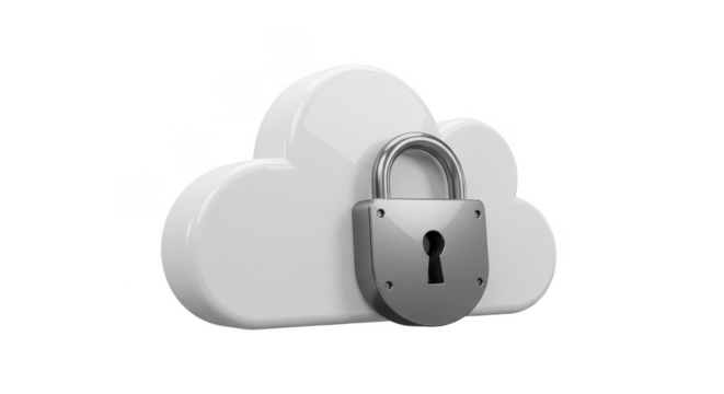 3D Cloud Security with Silver Padlock on Transparent Background