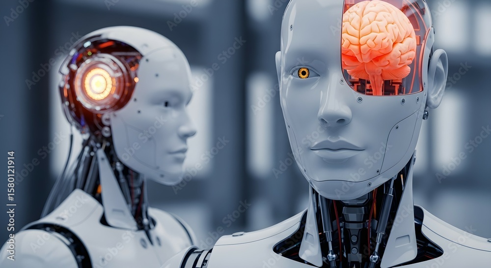 Poster Close up of an advanced humanoid robot with glowing brain. Artificial intelligence development concept. Machine learning research.