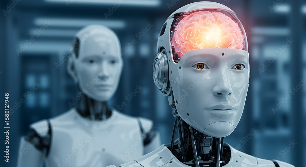 Poster Close up of an advanced humanoid robot with glowing brain. Artificial intelligence development concept. Machine learning research.